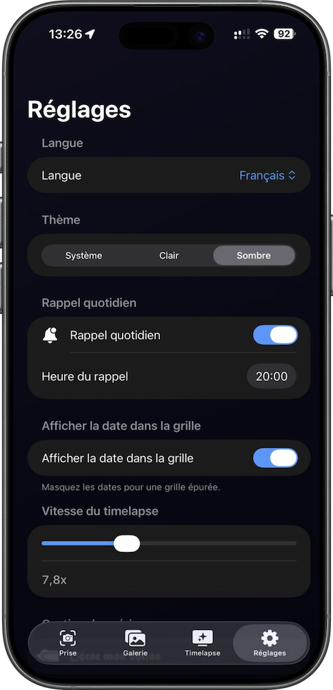 Réglages de SelfiFlow